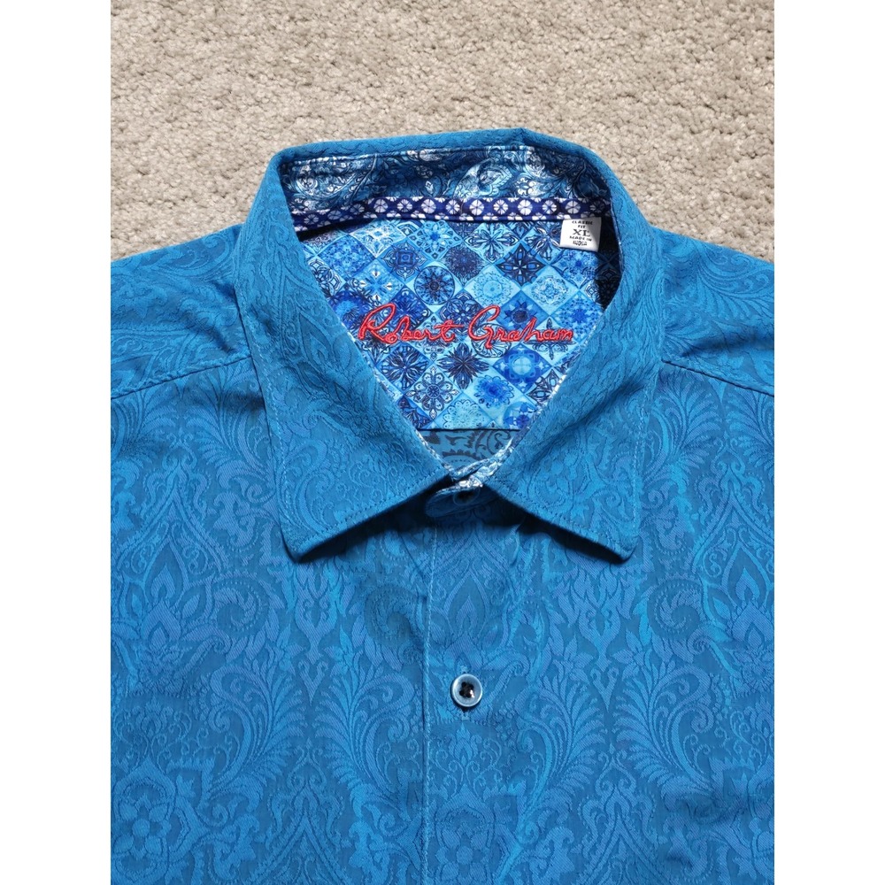 Robert Graham Mens XL Shirt S/S Blue Demask Geometric Paisley Floral Flip‎ Cuff - Picture 6 of 14